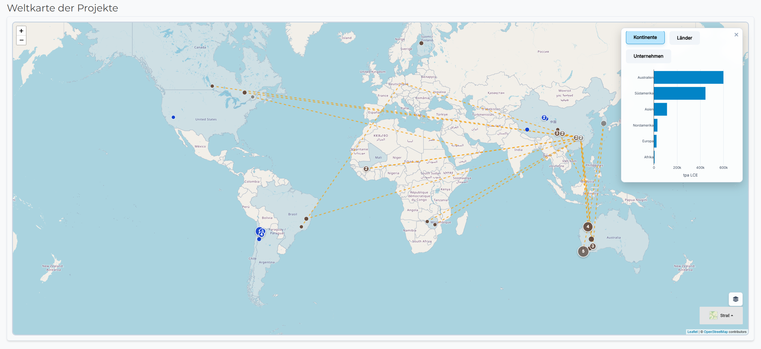 World map of all lithium projects in the Compass